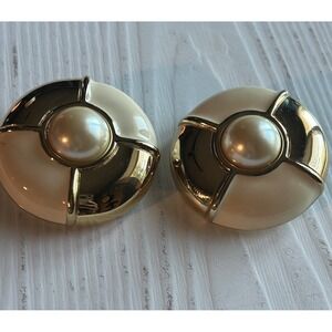 GIVENCHY Signed  Faux Pearl Ivory Enamel Gold Plated Statement Earrings C: 1980s